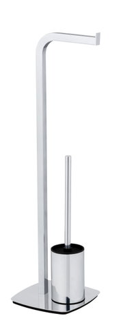 Stand WC-Garnitur Acate in Chrom, seitliche Perspektive, bestehend aus Toilettenbürstenhalter und Papierrollenhalter.