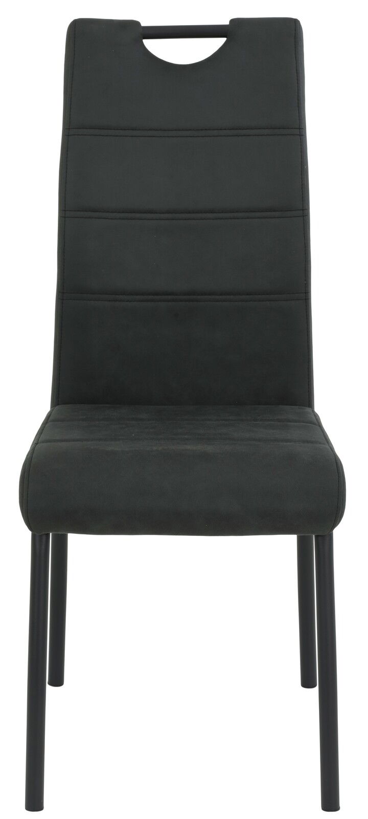 Moderner schwarzer Stuhl mit gepolsterter Rückenlehne und Metallbeinen, Frontalansicht.