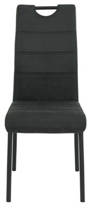 Moderner schwarzer Stuhl mit gepolsterter Rückenlehne und Metallbeinen, Frontalansicht.