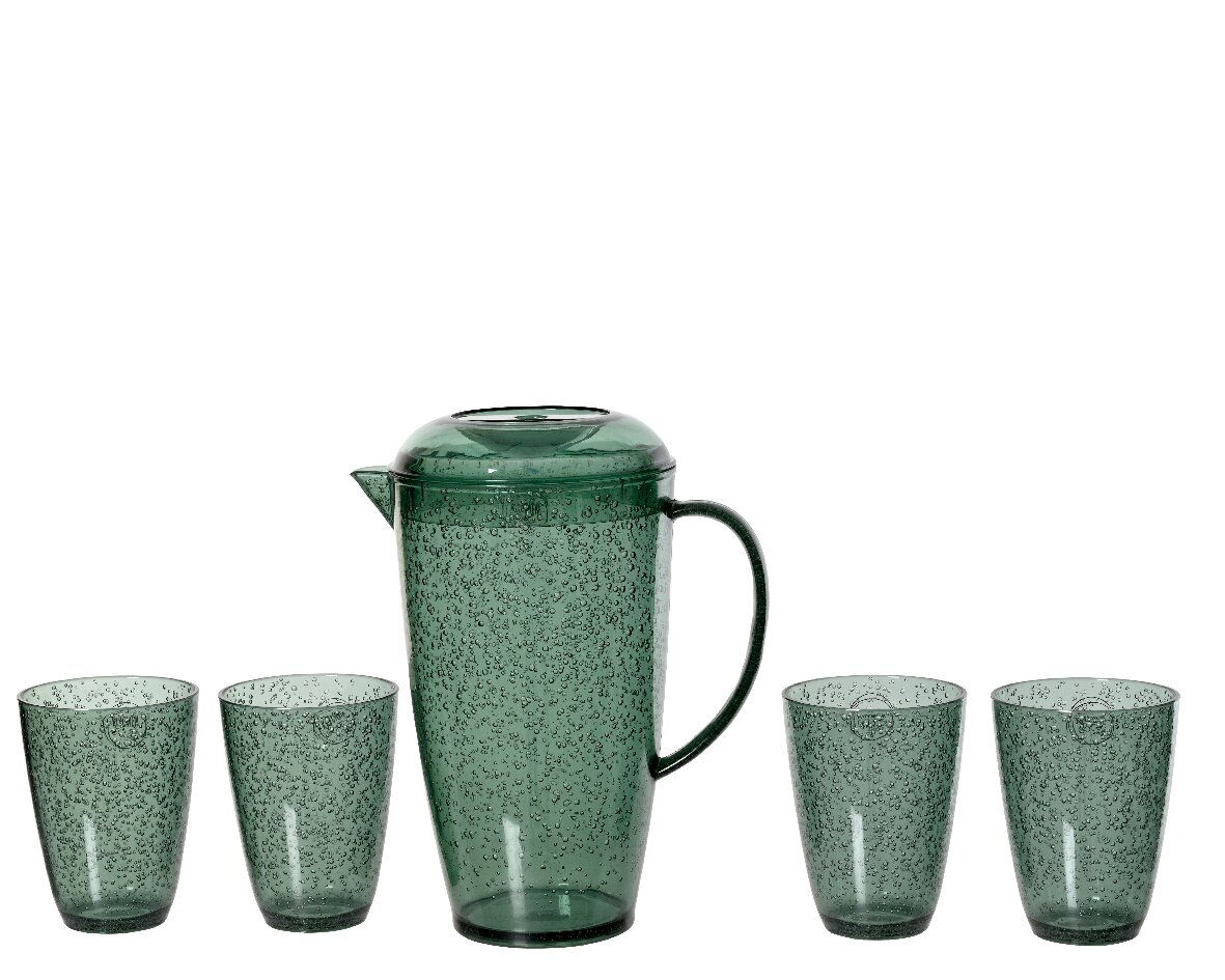 Groene 5-delige kan-set met een grote kan en vier bijpassende glazen, afgebeeld van voren.