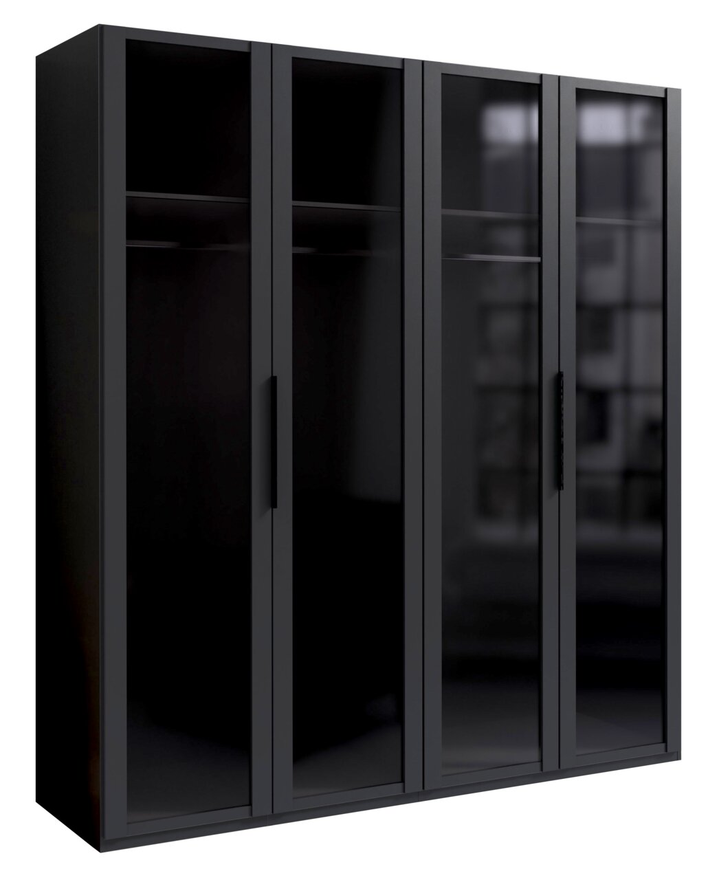 Schwarzer viertüriger Drehtürenschrank mit glänzender Oberfläche, seitliche Perspektive