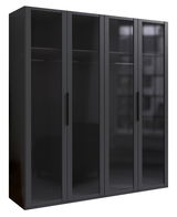 Schwarzer viertüriger Drehtürenschrank mit glänzender Oberfläche, seitliche Perspektive