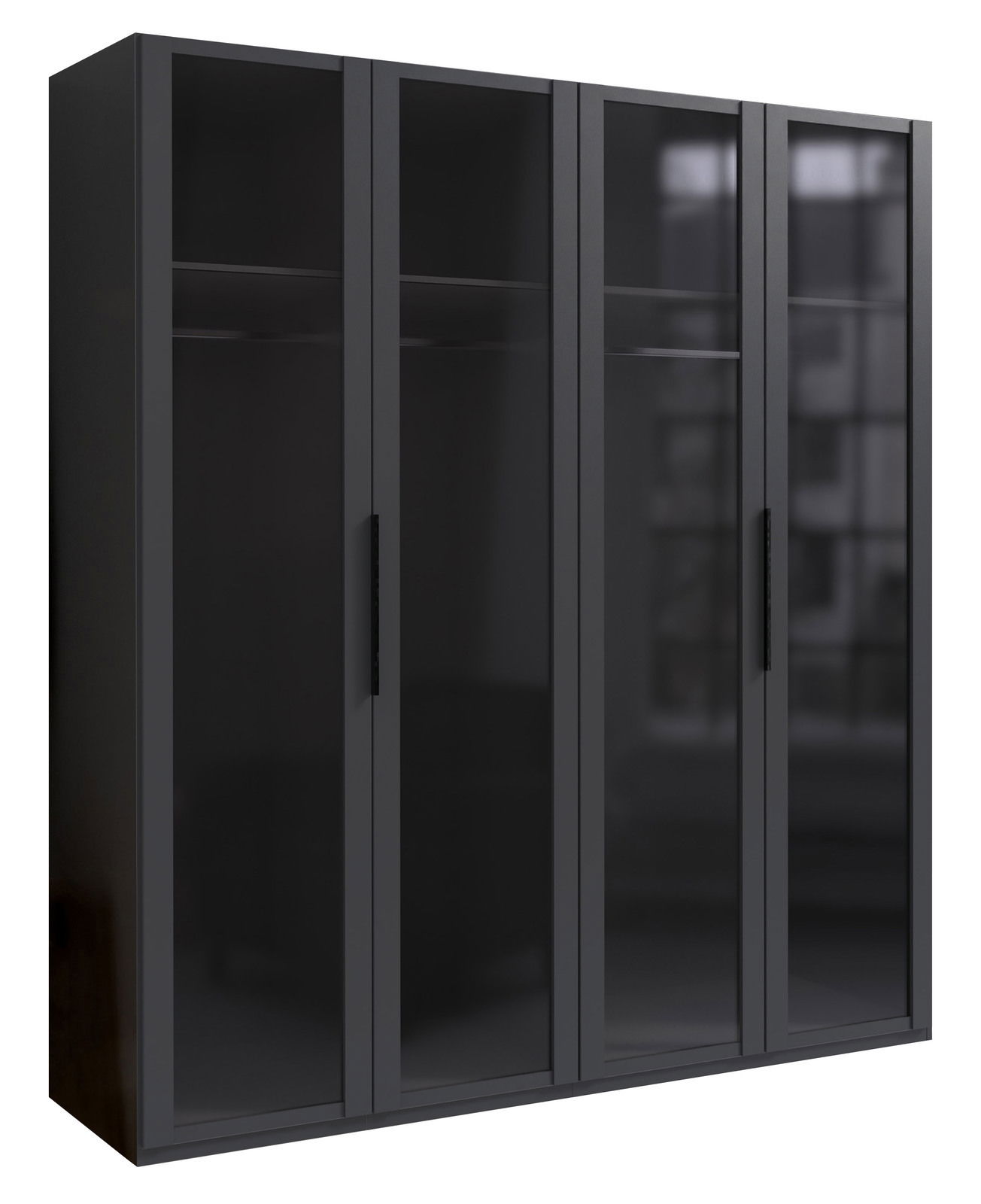 Schwarzer viertüriger Drehtürenschrank mit glänzender Oberfläche, seitliche Perspektive