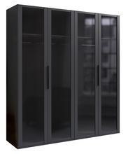 Schwarzer viertüriger Drehtürenschrank mit glänzender Oberfläche, seitliche Perspektive