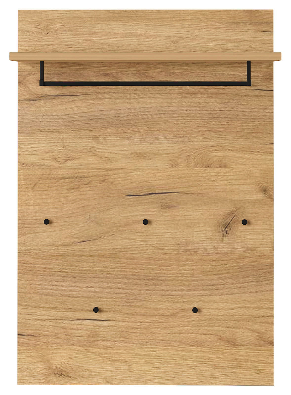 Garderobenpaneel aus Holz mit fünf schwarzen Haken und einem Regalbrett, Frontalansicht