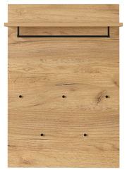 Garderobenpaneel aus Holz mit fünf schwarzen Haken und einem Regalbrett, Frontalansicht