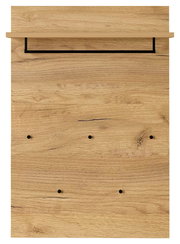 Garderobenpaneel aus Holz mit fünf schwarzen Haken und einem Regalbrett, Frontalansicht
