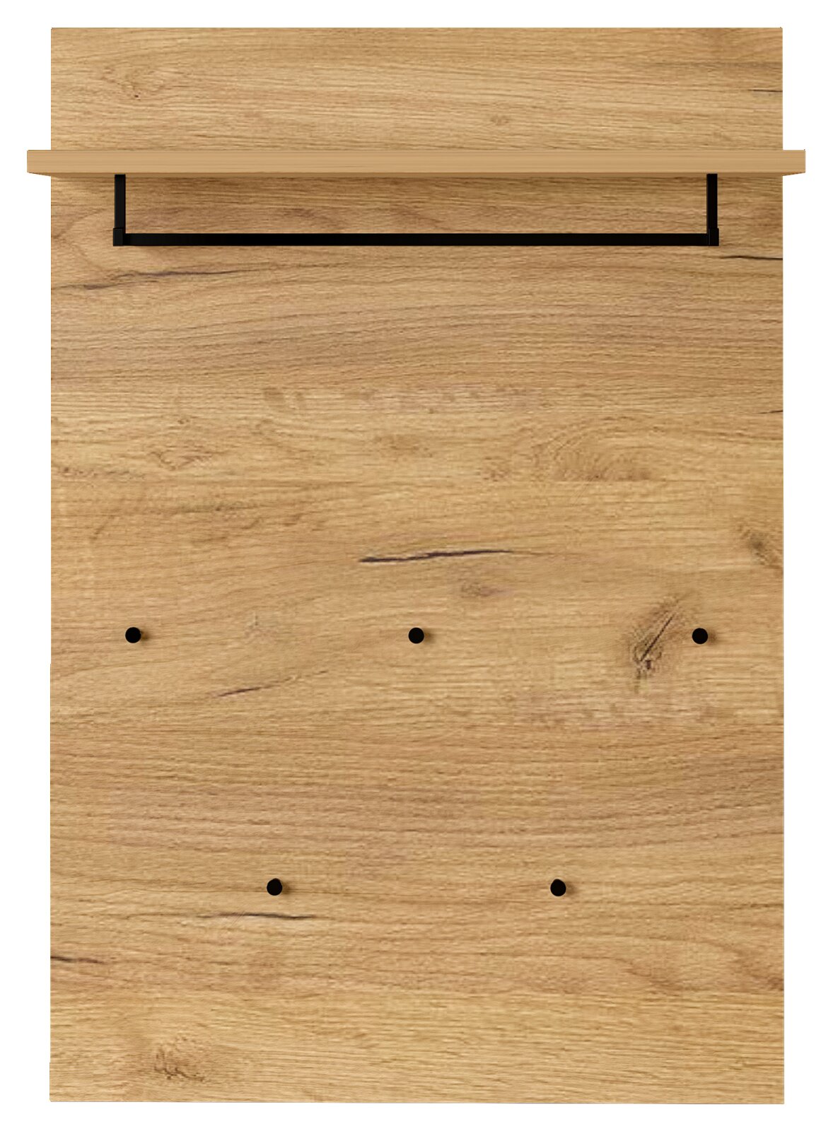 Garderobenpaneel aus Holz mit fünf schwarzen Haken und einem Regalbrett, Frontalansicht