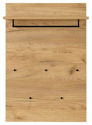 Garderobenpaneel aus Holz mit fünf schwarzen Haken und einem Regalbrett, Frontalansicht