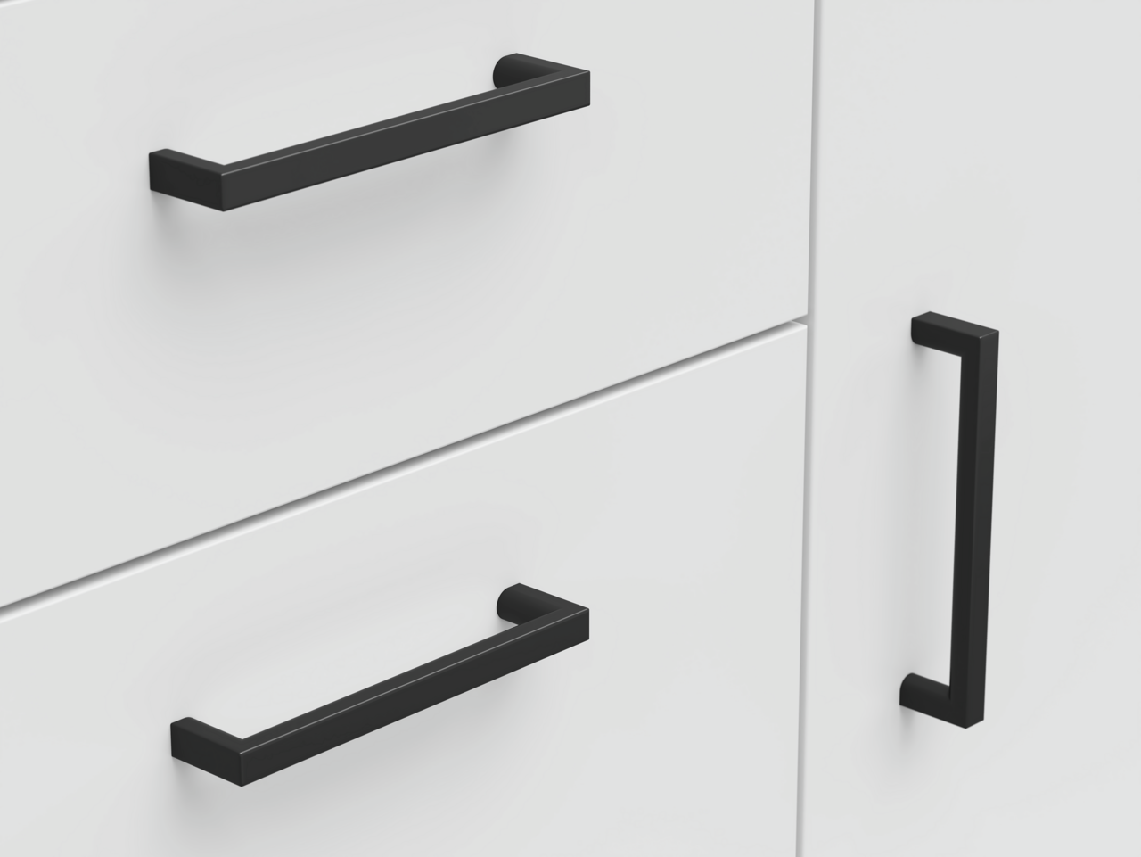 Carryhome Kommode MULTISTAURAUM Nahaufnahme einer weißen Kommode mit schwarzen Griffen, seitliche Perspektive