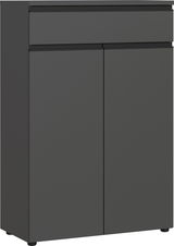 Moderner, dunkelgrauer Aktenschrank mit zwei Türen und einer Schublade, Frontalansicht.