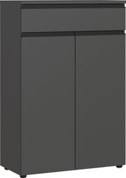 Moderner, dunkelgrauer Aktenschrank mit zwei Türen und einer Schublade, Frontalansicht.