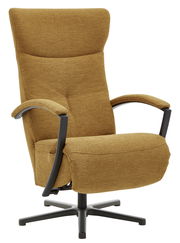 Brauner Relaxsessel mit hoher Rückenlehne und schwarzen Armlehnen, seitliche Perspektive