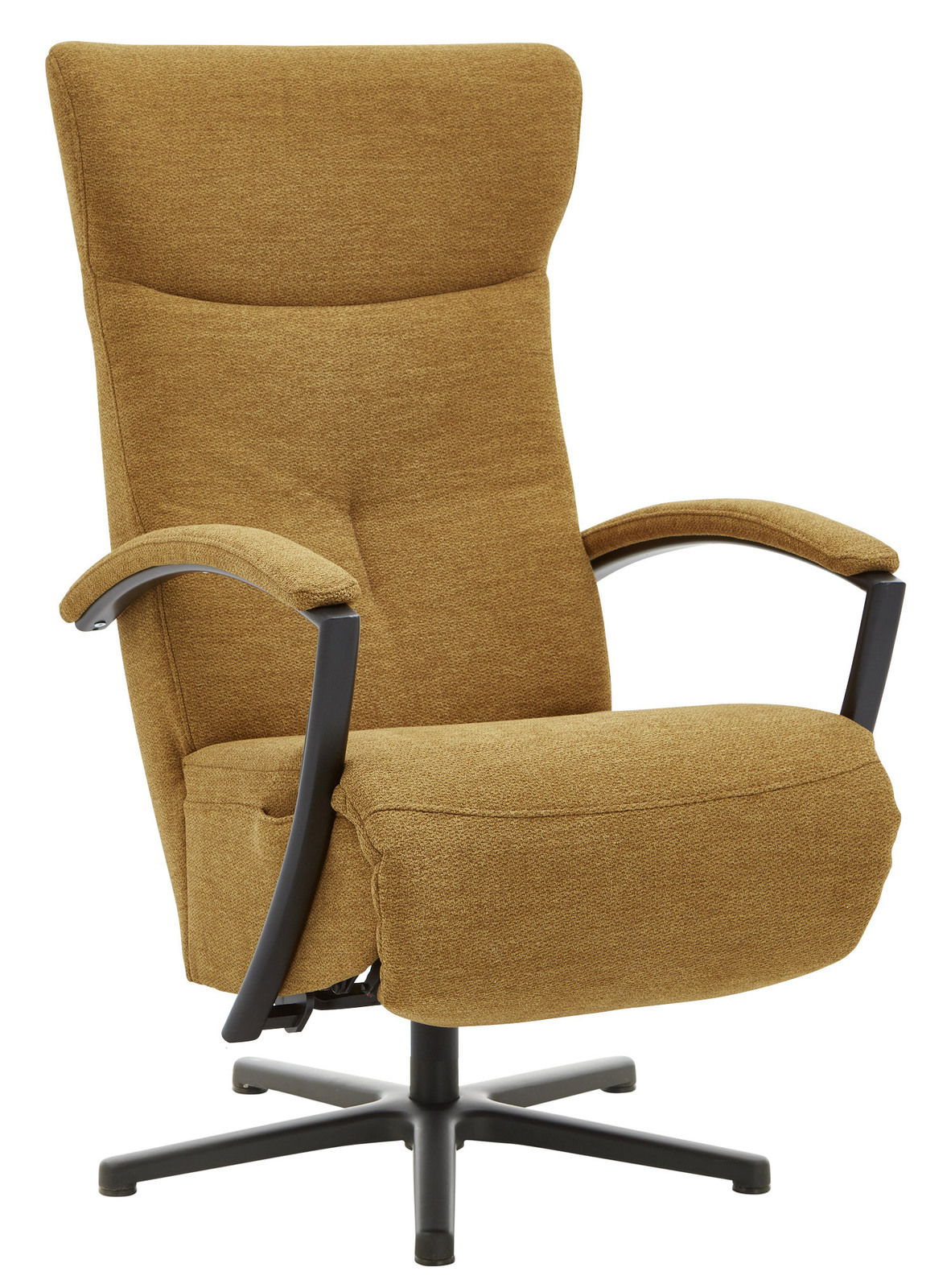 Brauner Relaxsessel mit hoher Rückenlehne und schwarzen Armlehnen, seitliche Perspektive