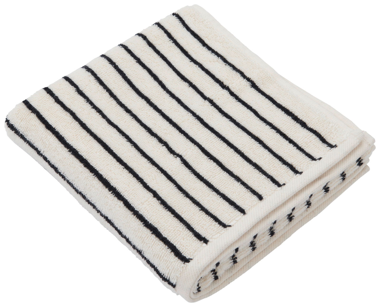 Gefaltetes Handtuch mit schwarzen Streifen auf weißem Hintergrund, seitliche Perspektive