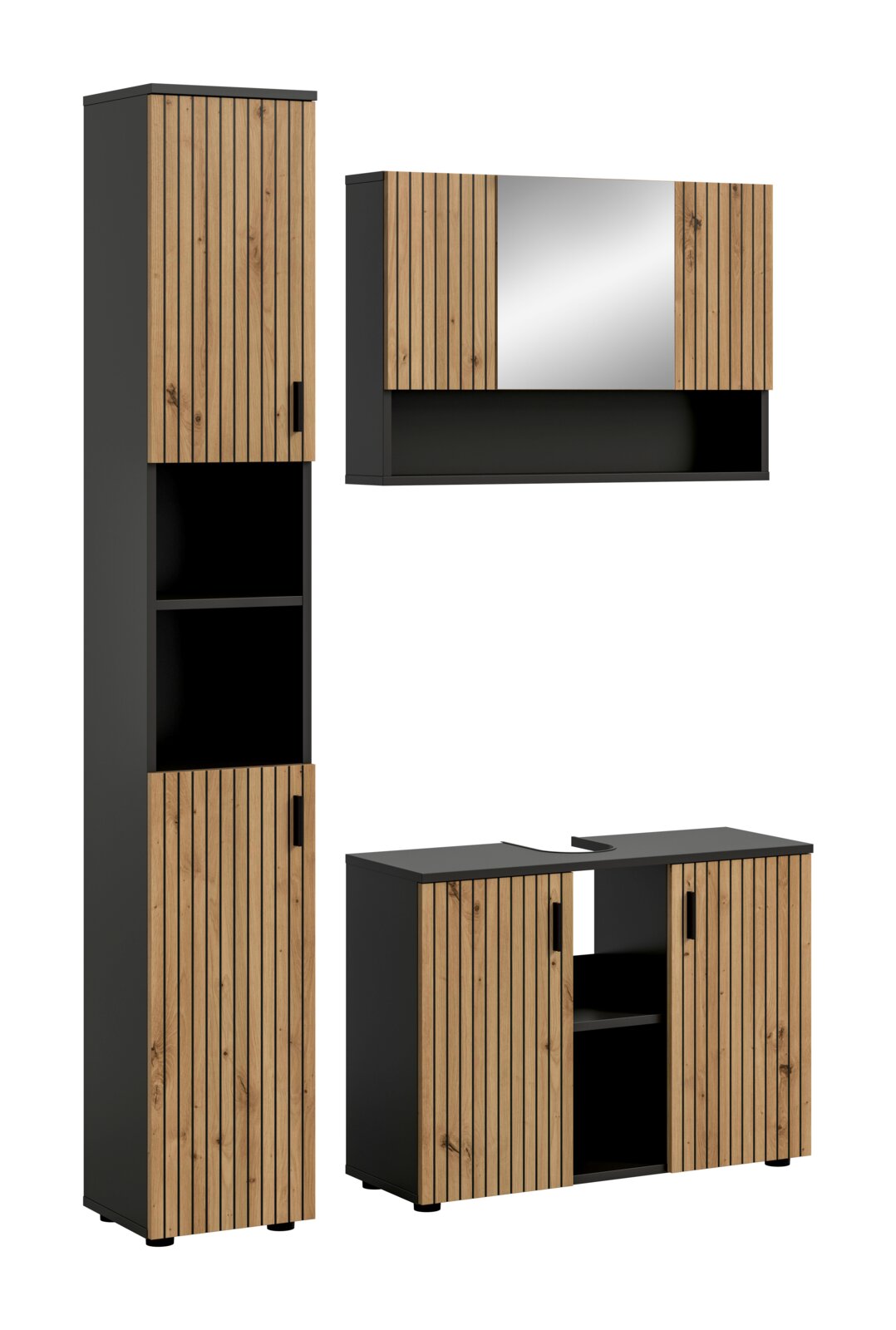Modernes Badmöbel-Set in Schwarz mit vertikal geriffelter Holzoptik: hoher Hochschrank, Waschtischunterschrank und Spiegelschrank mit offenem Fach; freigestellte Produktansicht in leicht schräger Frontperspektive