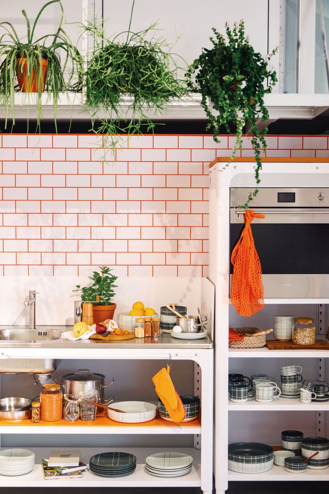 Thomas Suppenteller FUN Küchenszene mit einem tiefen Teller, 23 cm, in einem Regal, umgeben von Geschirr und Küchenutensilien, aus der Vorderansicht fotografiert.