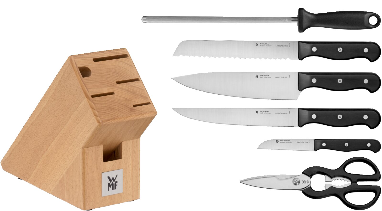 WMF Messerblock-Set mit Holzblock, Wetzstahl, Brotmesser, Kochmesser, Tranchiermesser, Schälmesser und Küchenschere, frontale Produktansicht auf schwarzem Hintergrund