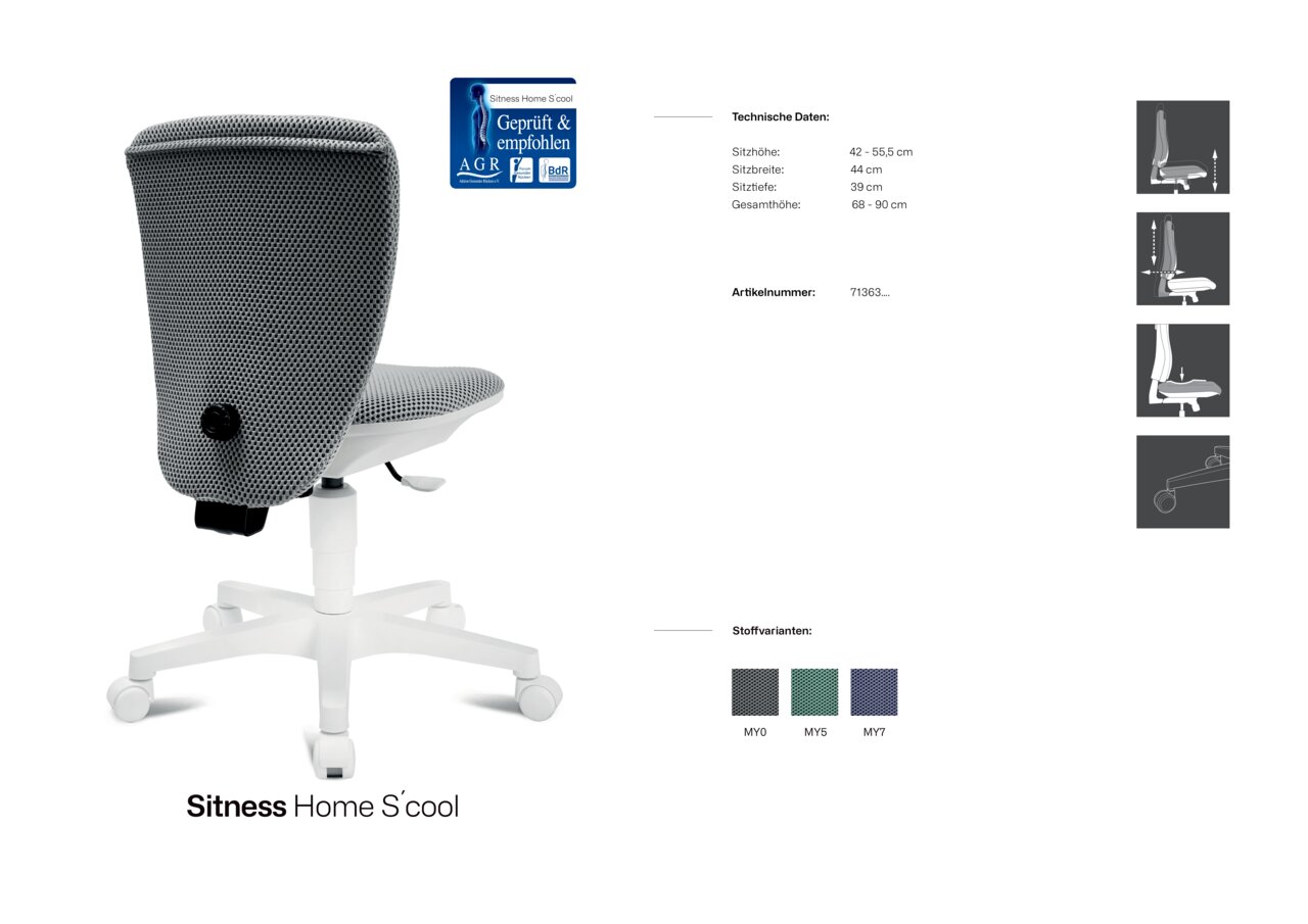 Rückansicht eines Kinder- und Jugenddrehstuhls mit grauem Netzbezug und weißem Gestell, auf hellem Hintergrund.