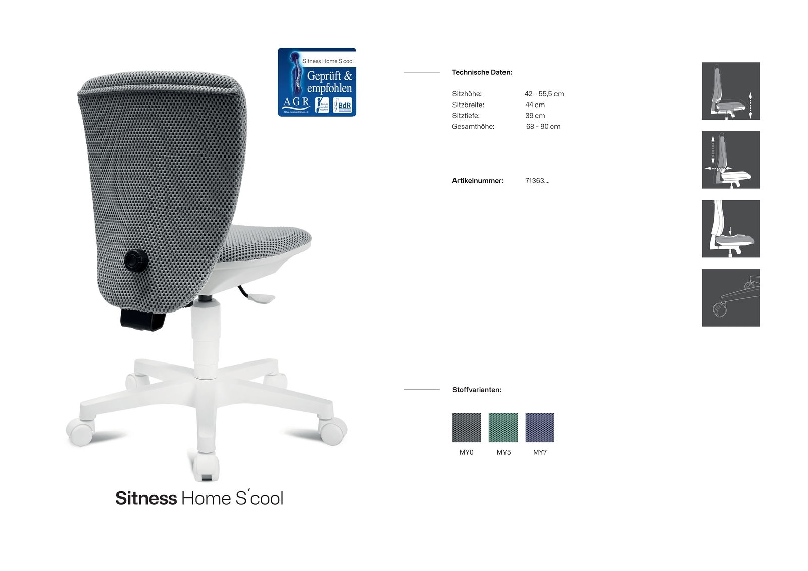 Rückansicht eines Kinder- und Jugenddrehstuhls mit grauem Netzbezug und weißem Gestell, auf hellem Hintergrund.