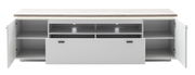 Weißes TV-Lowboard mit Holzoptik-Oberplatte, zwei seitlichen Türen und großer mittlerer Schublade, offene Fächer mit LED-Beleuchtung, frontal in geöffneter Ansicht.