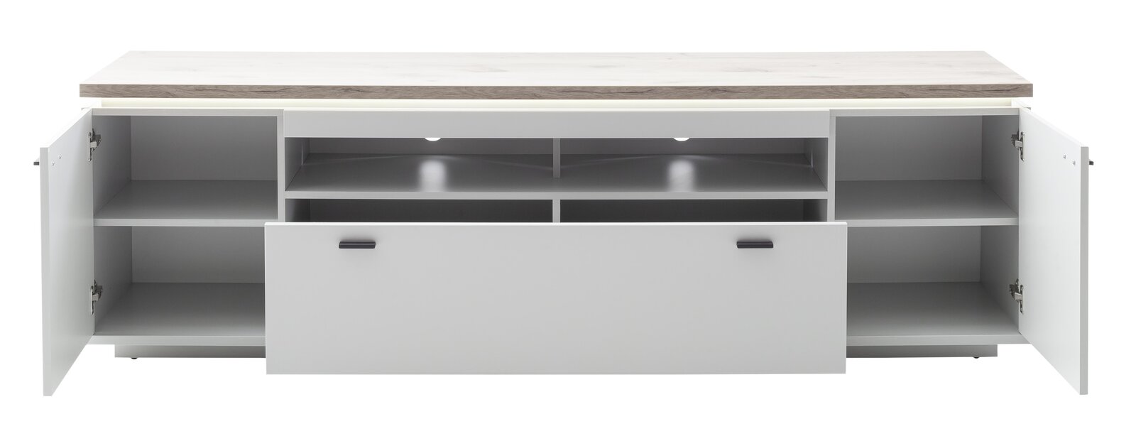 Weißes TV-Lowboard mit Holzoptik-Oberplatte, zwei seitlichen Türen und großer mittlerer Schublade, offene Fächer mit LED-Beleuchtung, frontal in geöffneter Ansicht.