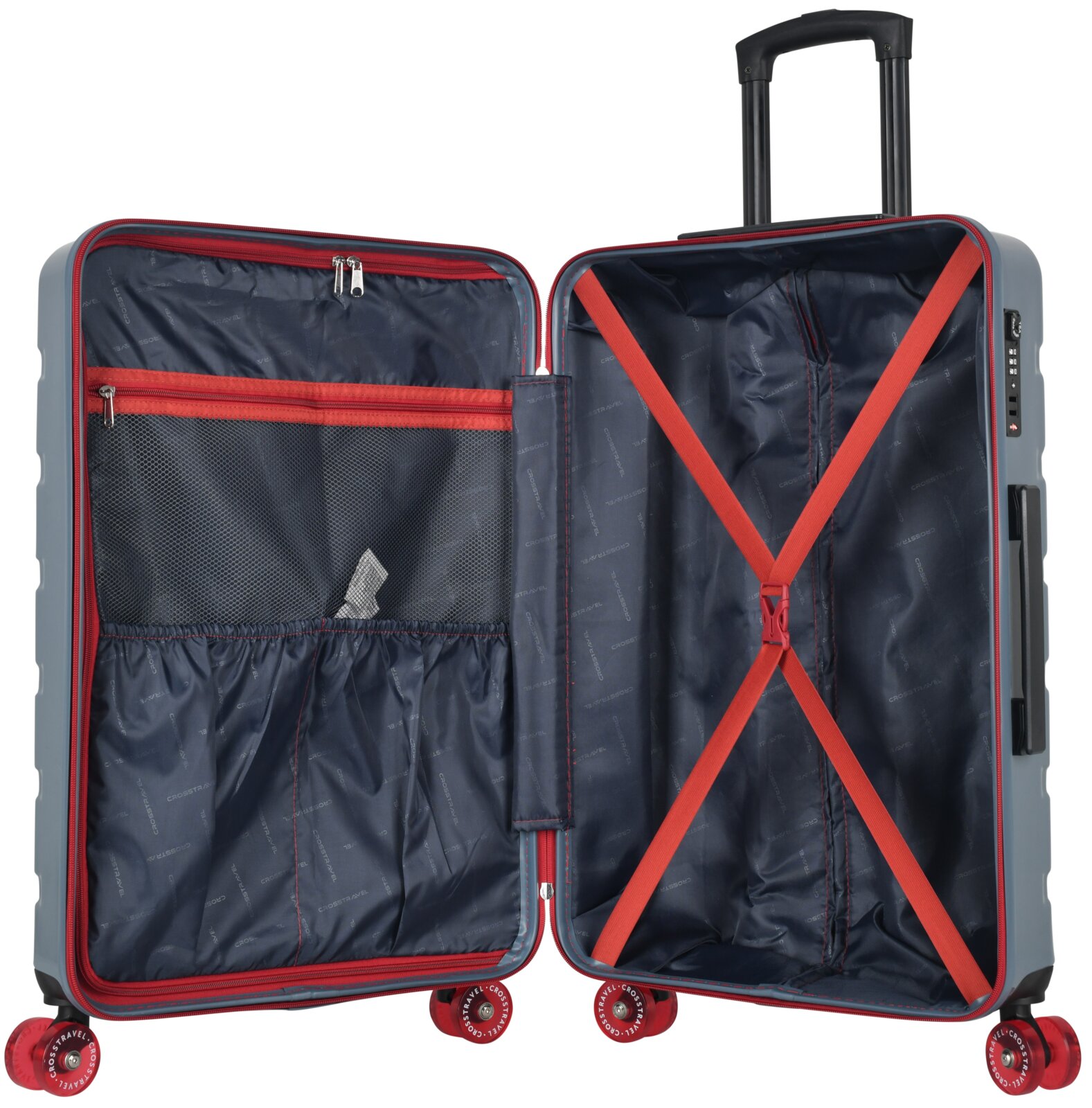 Open hardcase trolleykoffer met donkerblauwe voering, rood ritsvak en gaasvak links en rode kruisbanden rechts, met uitschuifbare trekstang en rode wielen, gefotografeerd van voren (frontaal) met zicht op het interieur.