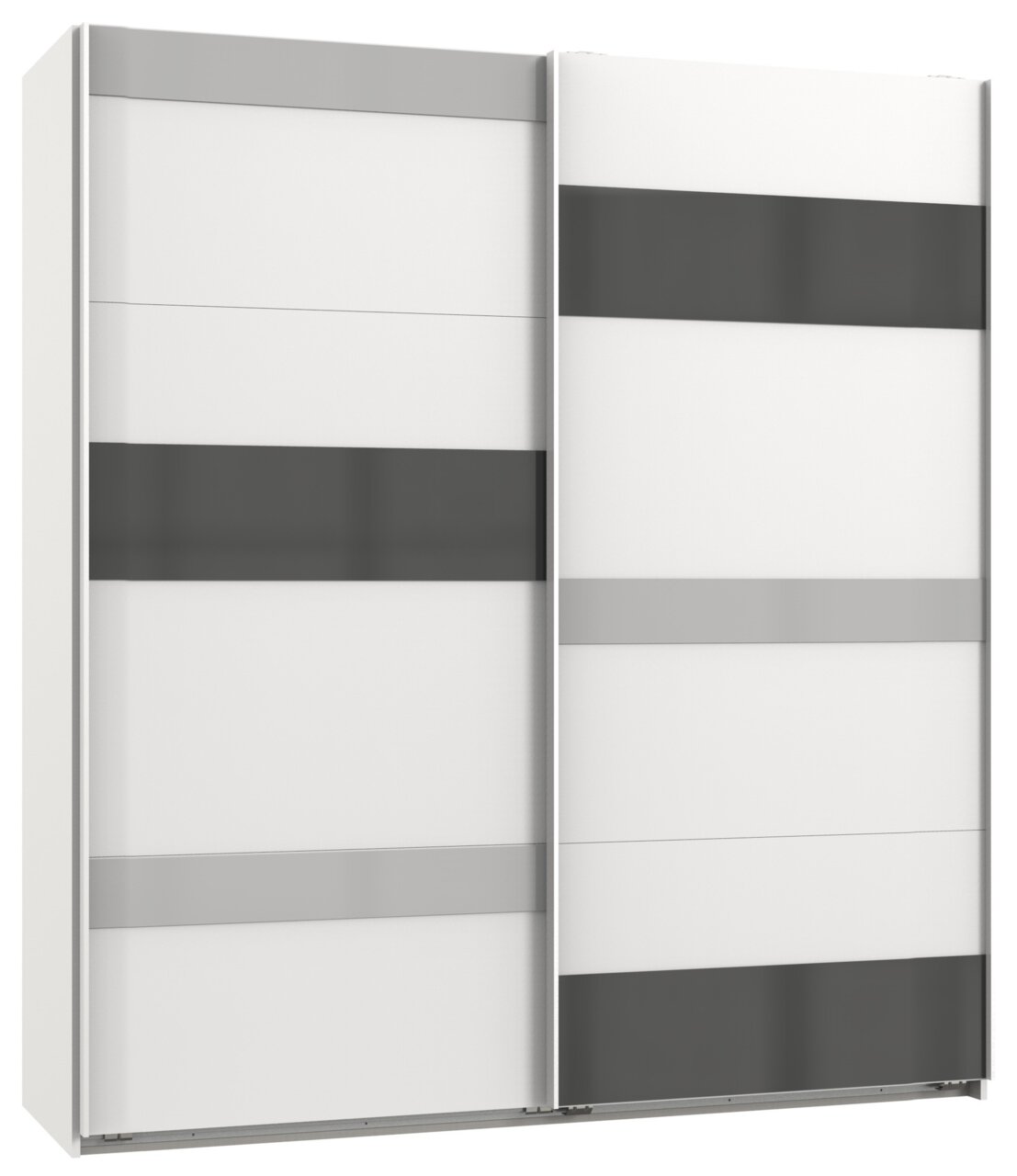 Schwebetürenschrank MONACO mit zwei Türen, Frontansicht, modernes Design mit grauen und weißen Paneelen.