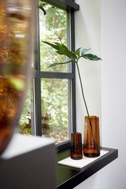 Zwei braune Glasvasen auf einer Fensterbank, eine mit einer langen grünen Pflanze, seitliche Perspektive