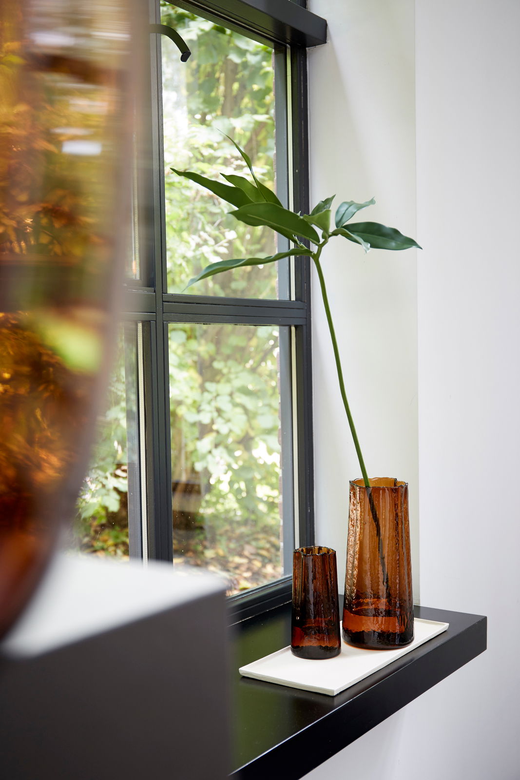 Light&Living Schale MAES Zwei braune Glasvasen auf einer Fensterbank, eine mit einer langen grünen Pflanze, seitliche Perspektive