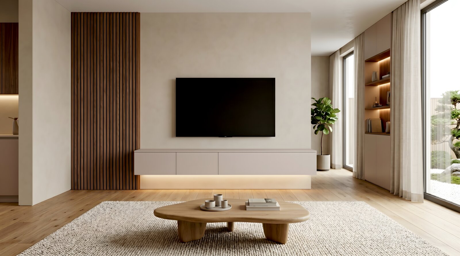Modernes, minimalistisches Wohnzimmer mit wandmontiertem Flachbild-TV über schwebendem Sideboard, Holzlamellenwand und großem Fenster; Frontalansicht auf die TV-Wand.