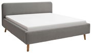 Graues Polsterbett mit Holzbeinen, seitliche Perspektive