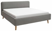 Graues Polsterbett mit Holzbeinen, seitliche Perspektive