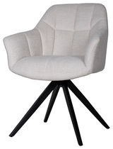 Moderner Armlehnstuhl ANNA mit hellgrauem Stoffbezug und schwarzen Metallbeinen, seitliche Perspektive