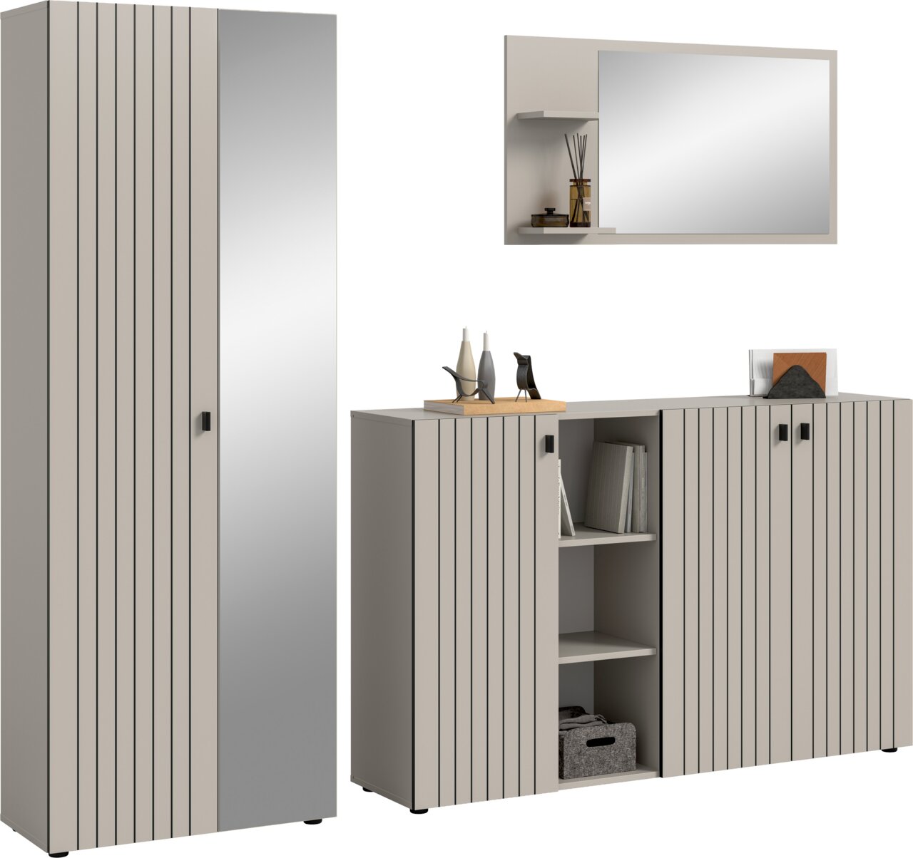 MID.YOU Garderobenkombination STATION Modernes Flurmöbel-Set in Hellgrau mit vertikaler Rillenoptik, bestehend aus hohem Schrank, Sideboard mit offenen Regalfächern und Wandspiegel mit Ablage, in schräger Frontansicht