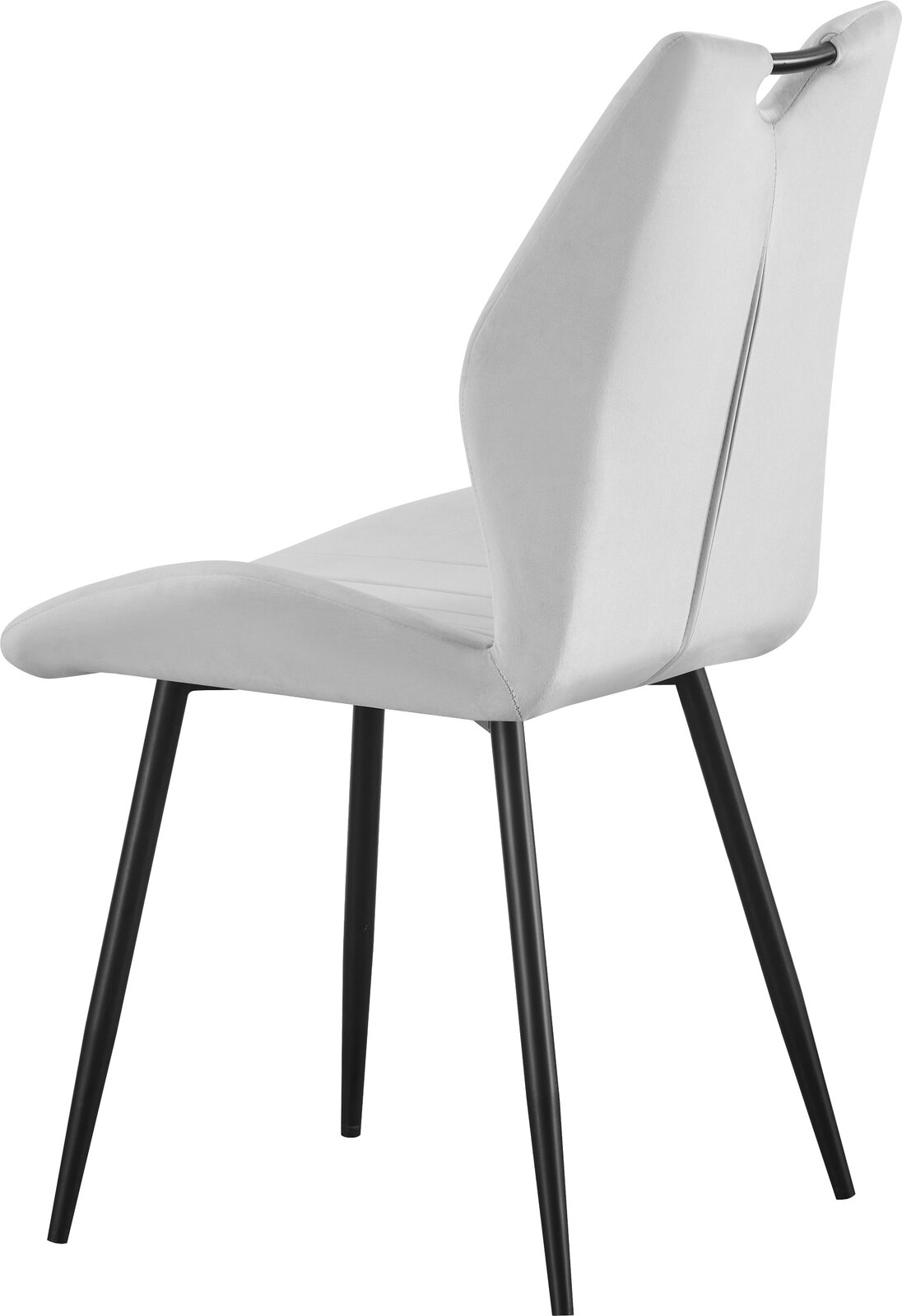 Weiß gepolsterter Esszimmerstuhl mit schwarzem Vierfußgestell und Griff an der Rückenlehne, Ansicht schräg von hinten/seitlich