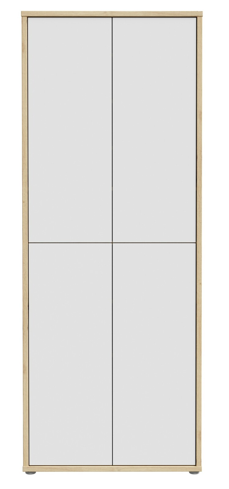 Frontansicht eines hohen XL-Schuhschranks mit vier Türen in Holzoptik und weißem Finish.