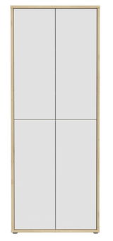 Frontansicht eines hohen XL-Schuhschranks mit vier Türen in Holzoptik und weißem Finish.