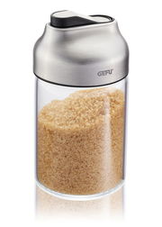 Zucker- oder Milchdosierer aus Glas und Edelstahl, gefüllt mit braunem Zucker, seitliche Perspektive