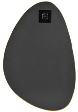 Rückansicht eines unregelmäßig geformten Spiegels mit goldener Umrandung und Aufhängung.