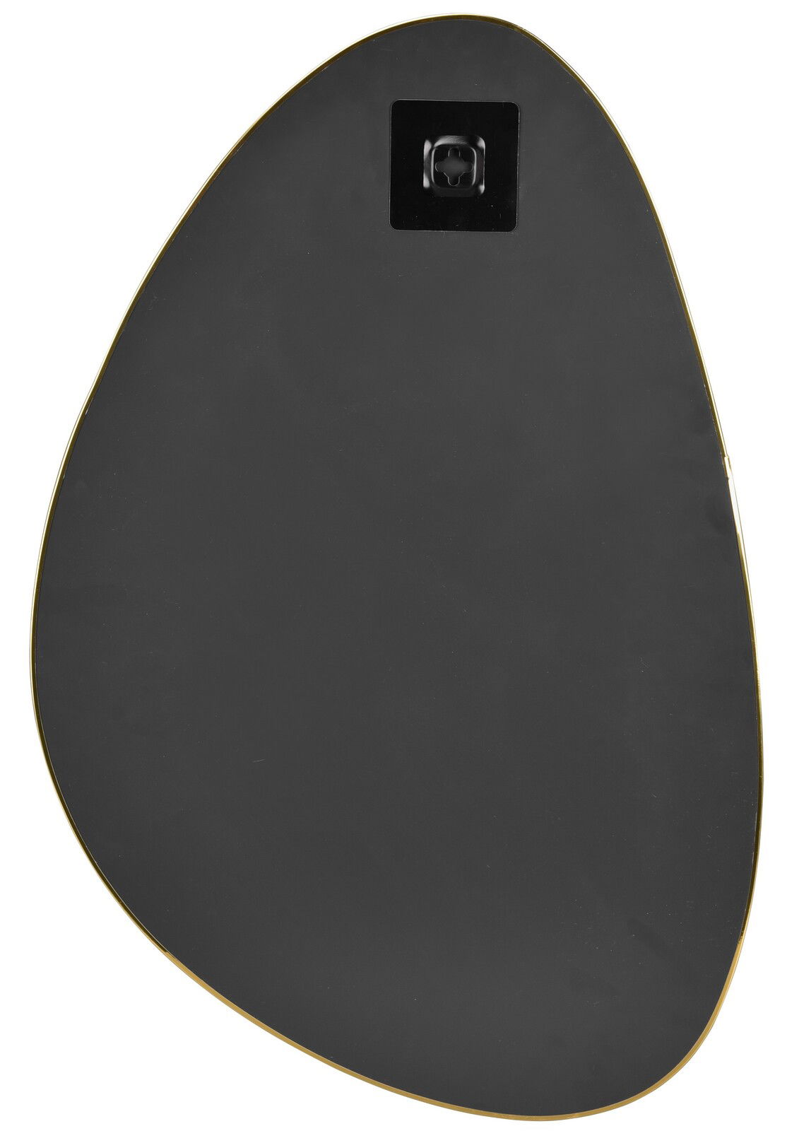 Rückansicht eines unregelmäßig geformten Spiegels mit goldener Umrandung und Aufhängung.