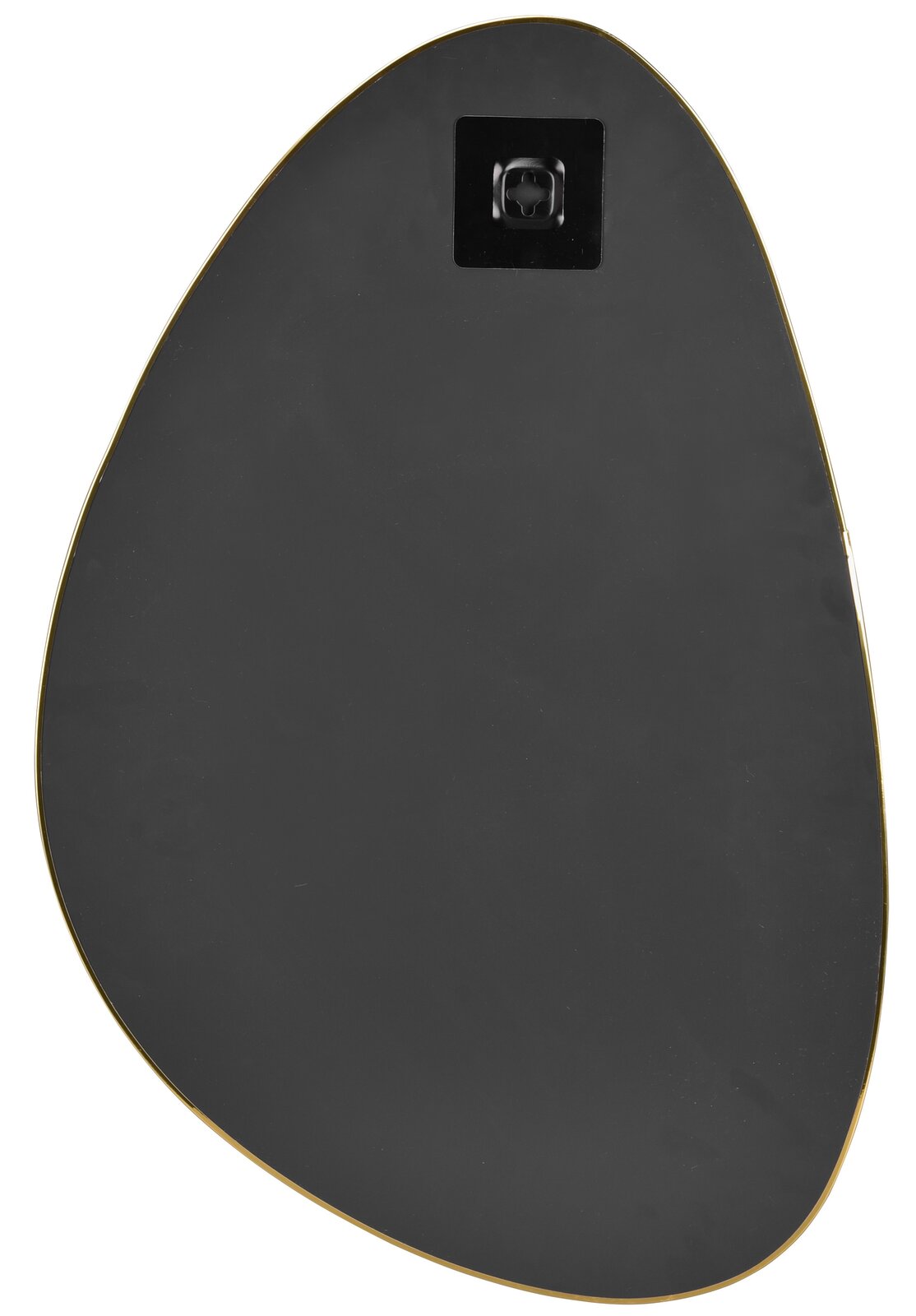 Rückansicht eines unregelmäßig geformten Spiegels mit goldener Umrandung und Aufhängung.