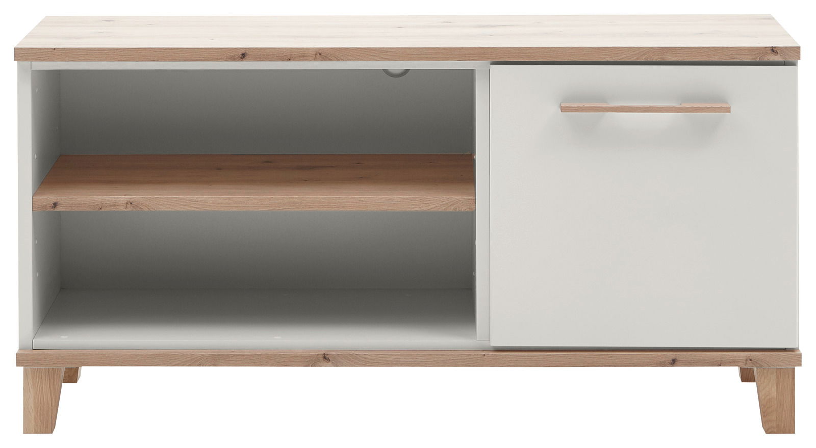 Frontansicht eines modernen TV-Elements mit offenem Regal und einer Tür, Holz- und Weißtöne kombiniert.