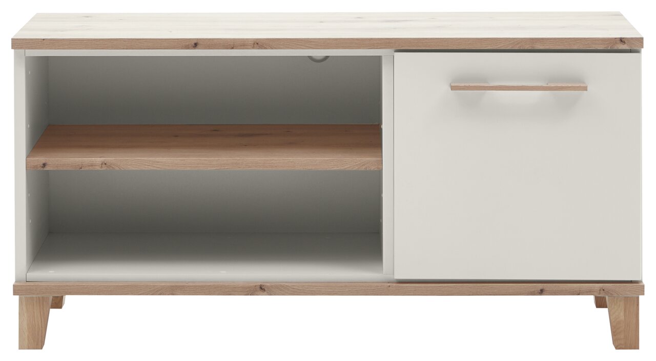Frontansicht eines modernen TV-Elements mit offenem Regal und einer Tür, Holz- und Weißtöne kombiniert.