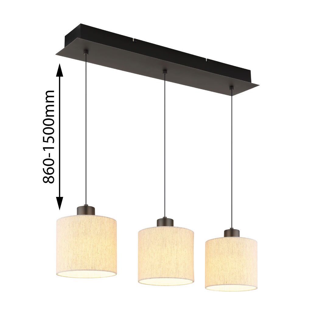Moderne hanglamp met drie cilindervormige lampenkappen, gezien vanaf de zijkant, in hoogte verstelbaar van 860 tot 1500 mm.