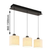 Moderne hanglamp met drie cilindervormige lampenkappen, gezien vanaf de zijkant, in hoogte verstelbaar van 860 tot 1500 mm.