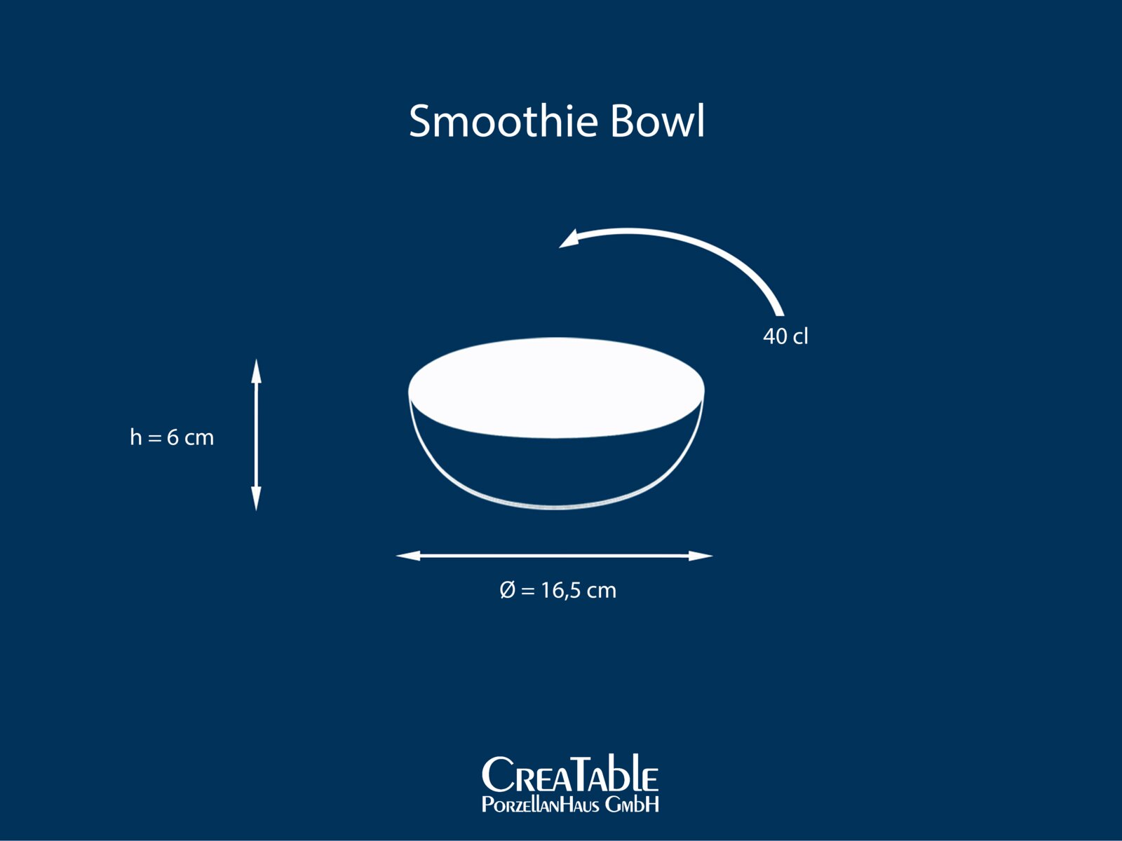 Smoothie-Bowl (Porzellan) mit 40 cl Fassungsvermögen, Ø 16,5 cm und Höhe 6 cm, dargestellt in seitlicher Ansicht mit leichtem Blick von oben auf blauem Hintergrund.