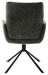 Rückansicht eines Armlehnstuhls mit dunkelgrauem Stoffbezug und schwarzem Metallgestell.