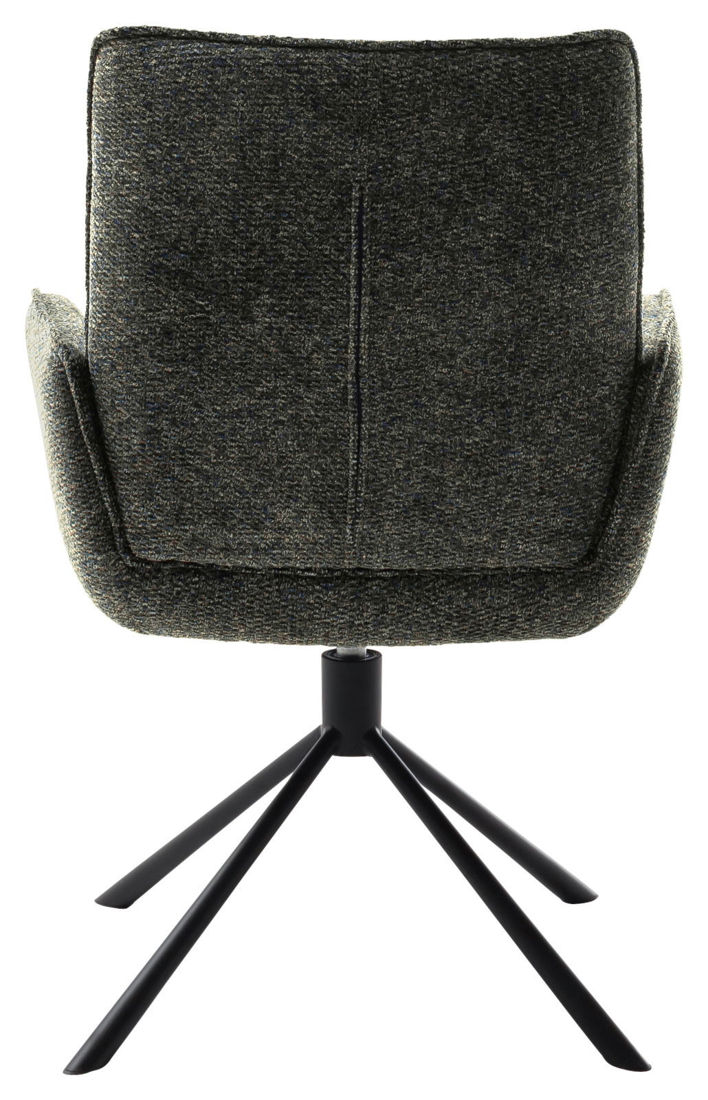 Rückansicht eines Armlehnstuhls mit dunkelgrauem Stoffbezug und schwarzem Metallgestell.