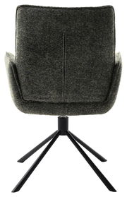 Rückansicht eines Armlehnstuhls mit dunkelgrauem Stoffbezug und schwarzem Metallgestell.